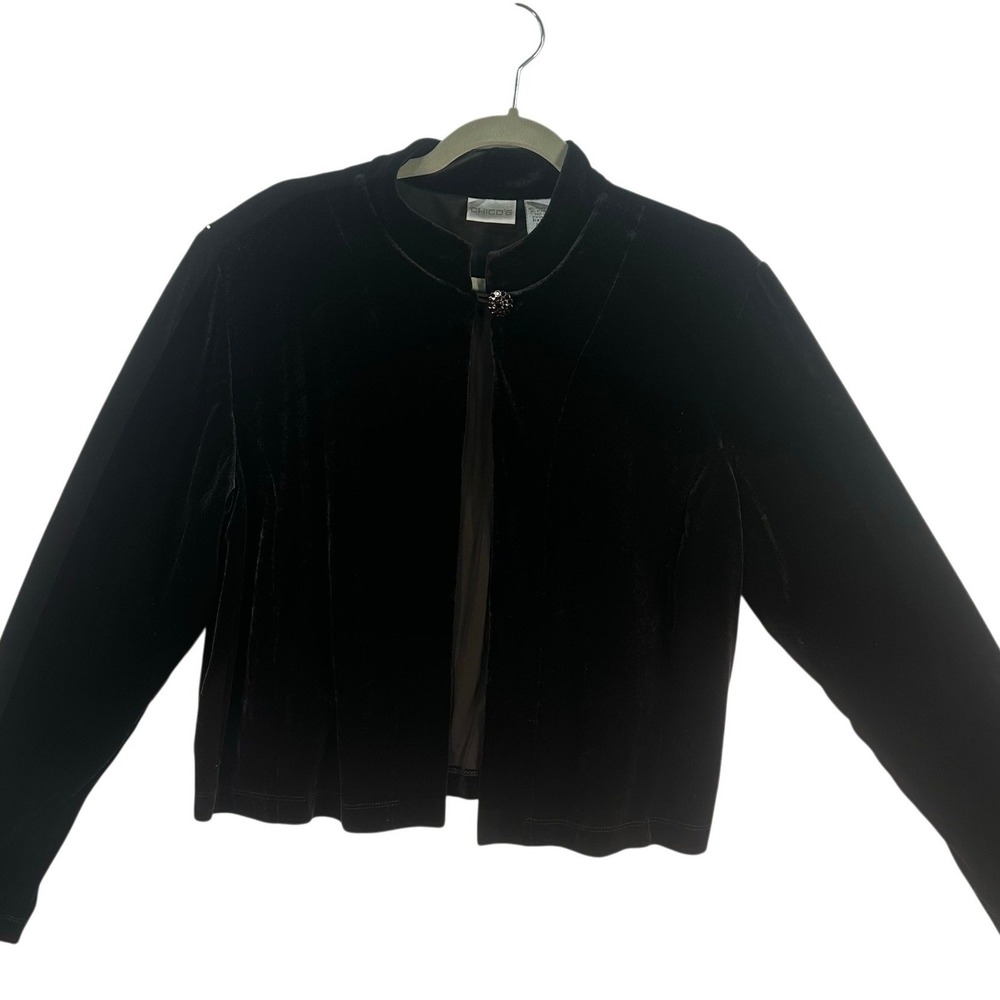 Chico's Velveteen Jacket Women XL  Black Open Front Mock Neck Beaded Button